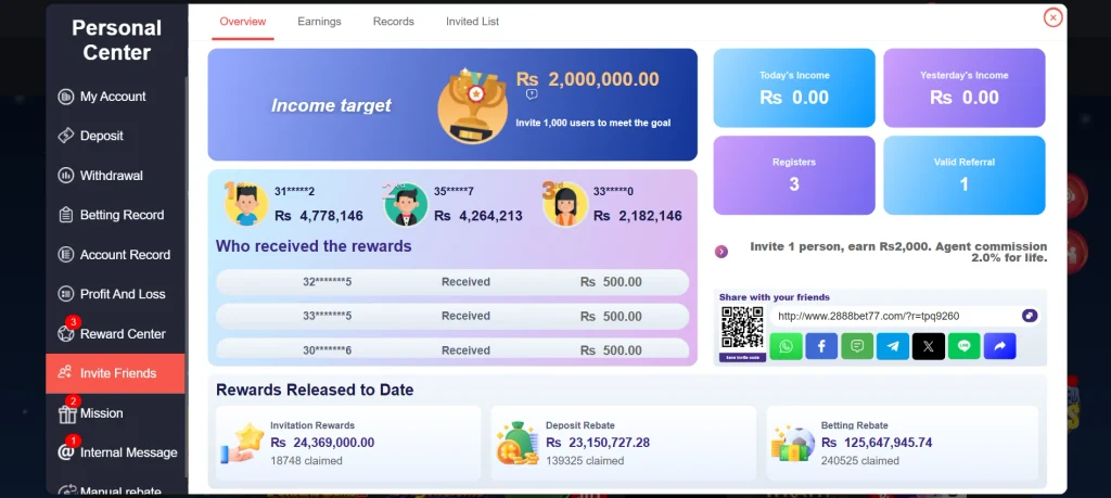 Invite a Friend and Earn real money on 2888bet game .