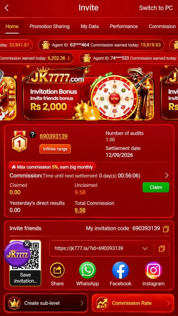 Download the Jk777 game invite, invite friends and earn real money.