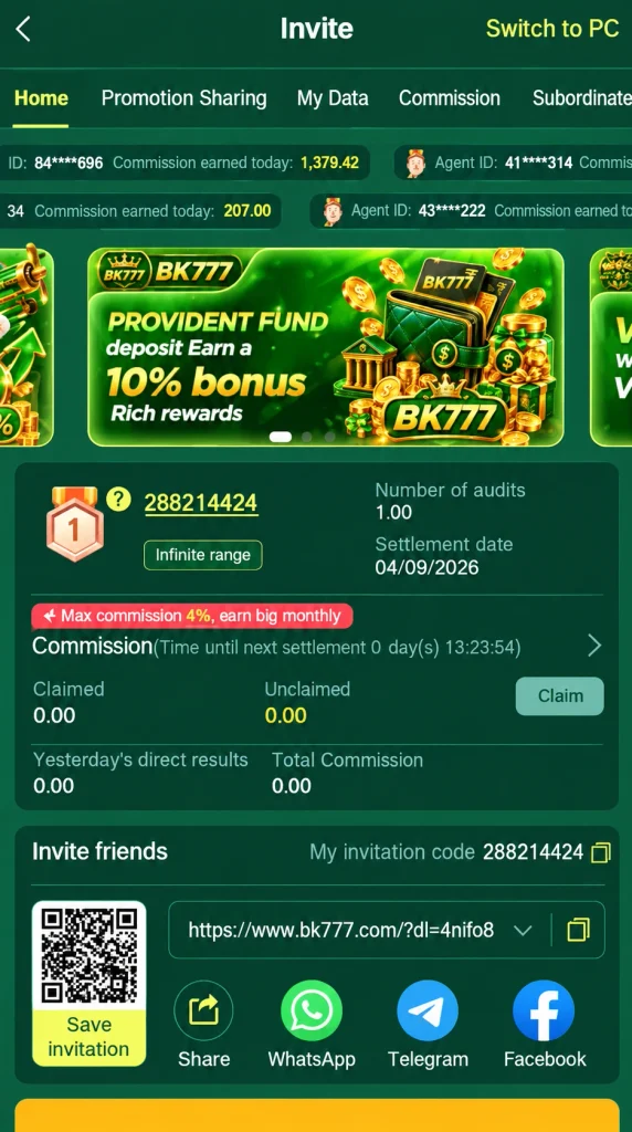 Invite friends to get bonuses and earn real money on bk777 game.